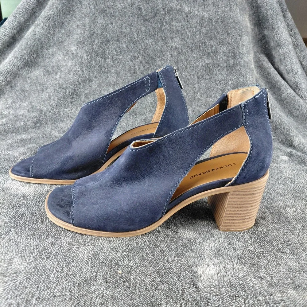 Lucky Brand Saimy Navy Blue Leather Peep‎ Toe Block Heel Sandals Mens 8M 38.5